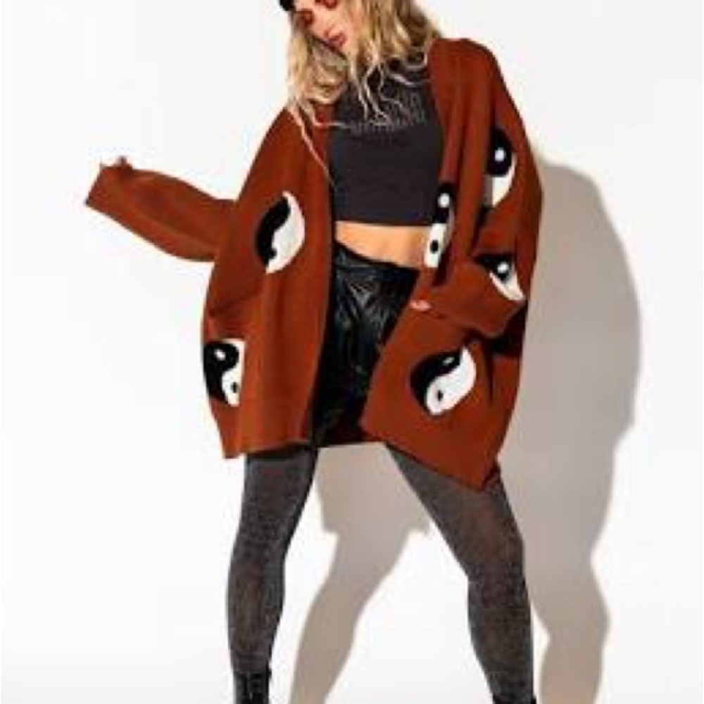 Dressed in LALA Brown and Black Cardigan with Yin Yang Design